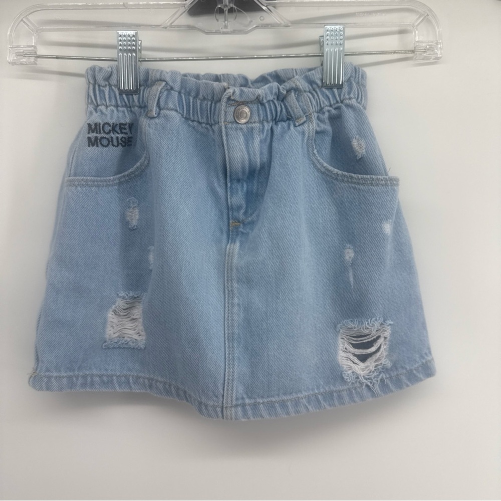 Zara Mickey Mouse Light Wash Distressed Denim Skirt